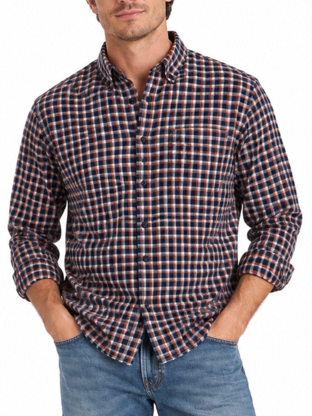 Banana Republic Luxe Flannel Plaid Button Down Shirt Navy Orange Slim Fit Size M